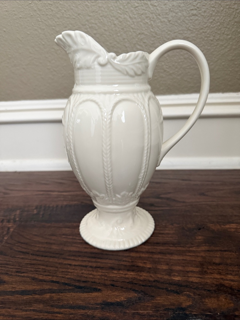 Two's Company Ivory Ceramic Embossed Decorative Pitcher with Leaf Rim